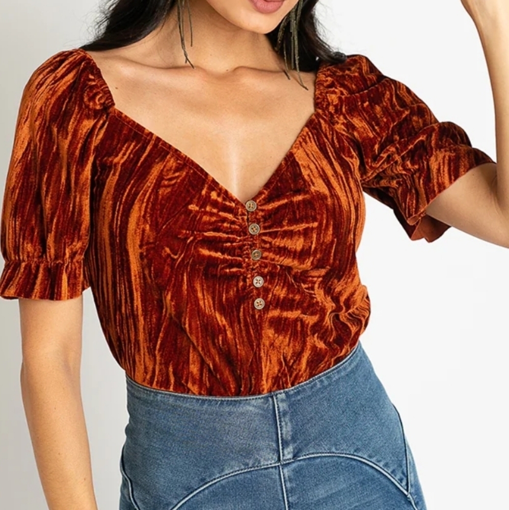 {S} Mia Joy Burnt Orange Velvet-Y Bodysuit Pumpkin Spice Fall Autumn